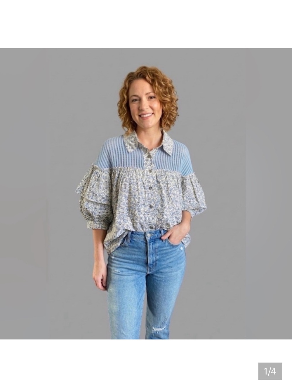 POL Light Blue Floral Puff-Sleeve Button-Front Blouse